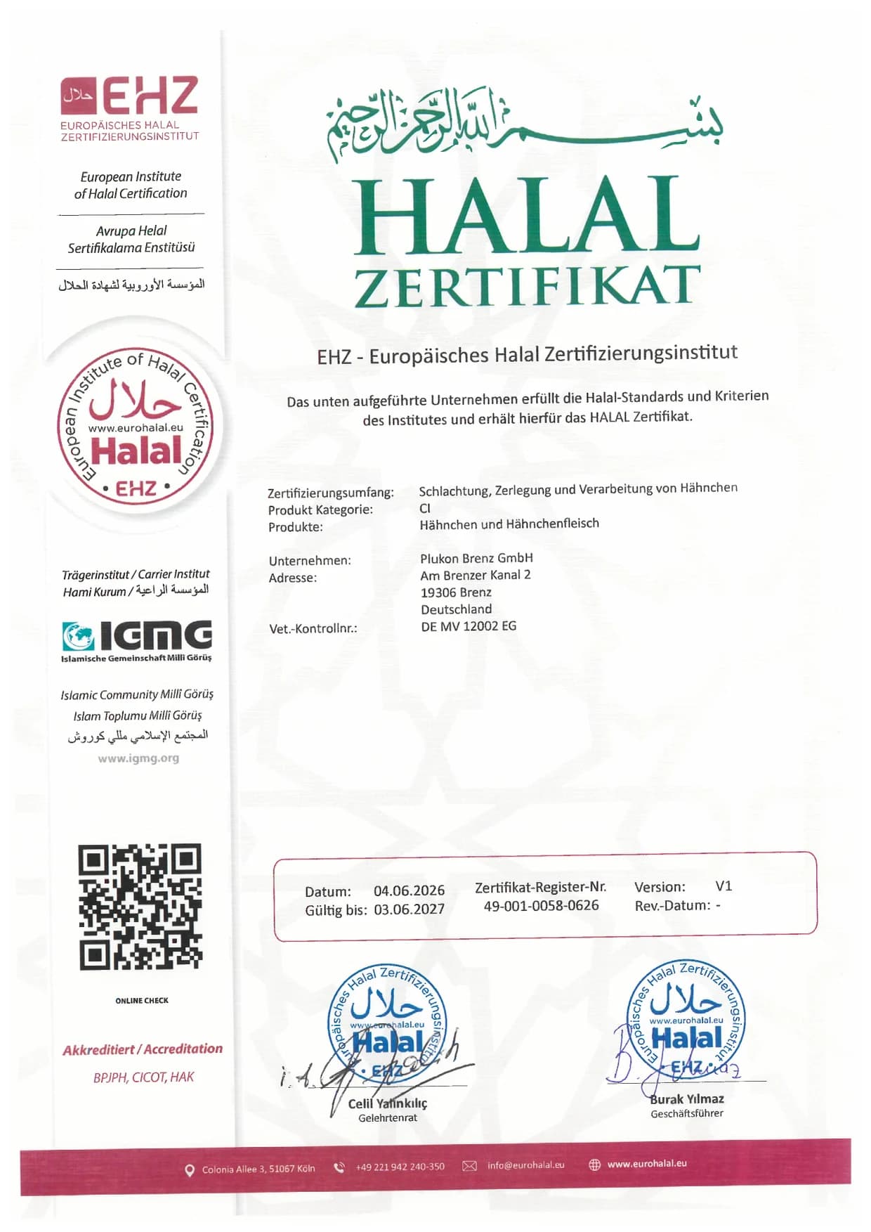 EHZ-Halal-Zertifikat für Plukon Brenz GmbH, Am Brenzer Kanal 2, 19306 Brenz — Register-Nr. 49-001-0058-0626, gültig bis 03.06.2027