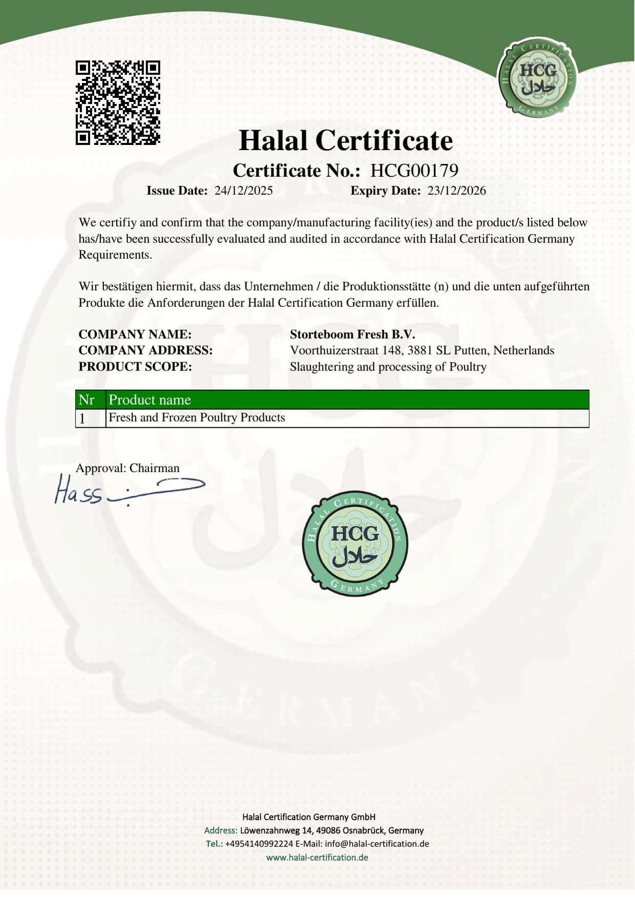 HCG-Halal-Zertifikat für Storteboom Fresh B.V., Putten (NL), gültig 24.12.2025 bis 23.12.2026