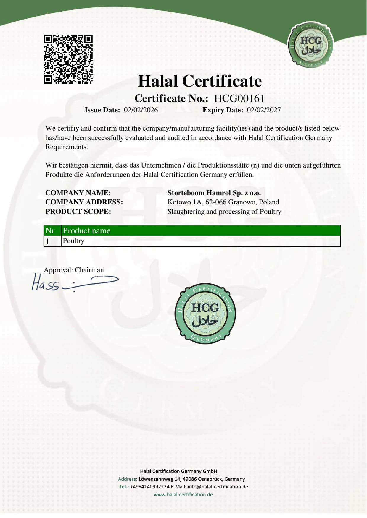 HCG-Halal-Zertifikat für Storteboom Hamrol Sp. z o.o., Granowo (PL), gültig 02.02.2026 bis 02.02.2027