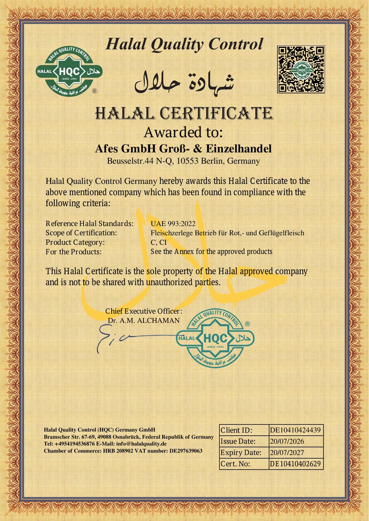 HQC-Halal-Zertifikat für Afes GmbH Groß- & Einzelhandel, Beusselstraße 44 N-Q, 10553 Berlin — Register-Nr. DE10410402629, gültig bis 20.07.2027